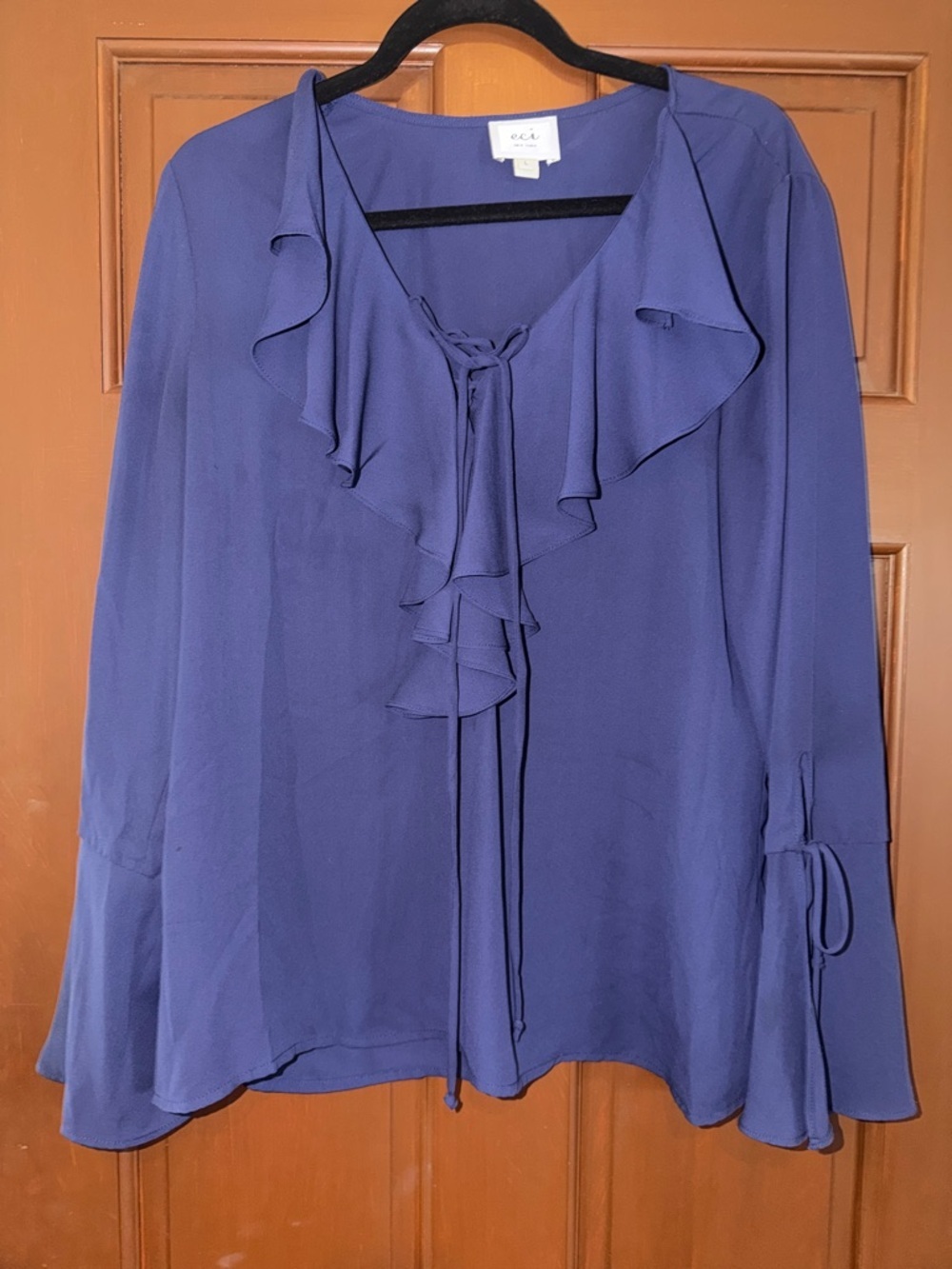 ECI Navy Ruffled Tie-Neck Long Sleeve Blouse